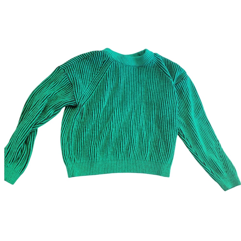 No Boundaries Womens Green Black Striped Ribbed Knit Crew Neck Sweater Large